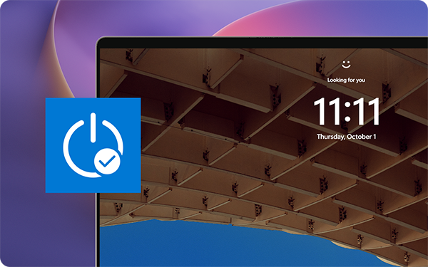 A digital display showing the time 11:11 on Thursday, October 1, with a notification saying 'Looking for you' alongside a power icon graphic.