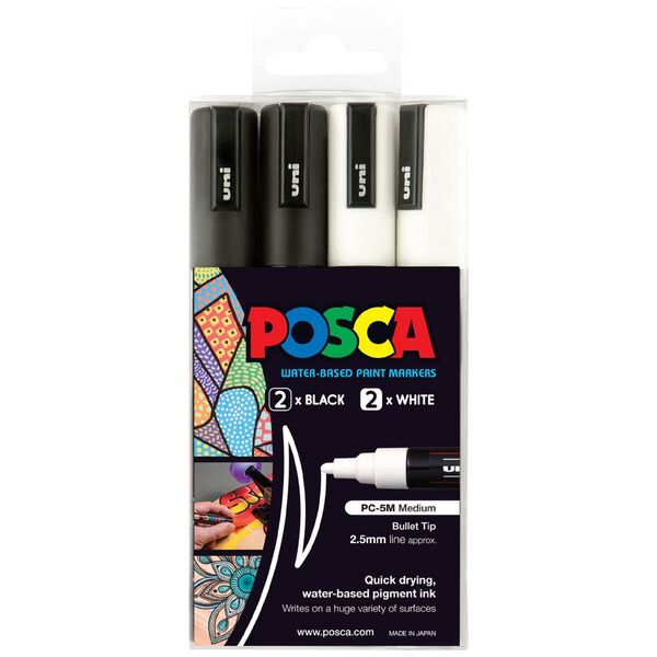 POSCA PC 5M Paint Markers Black/White 4 Pack