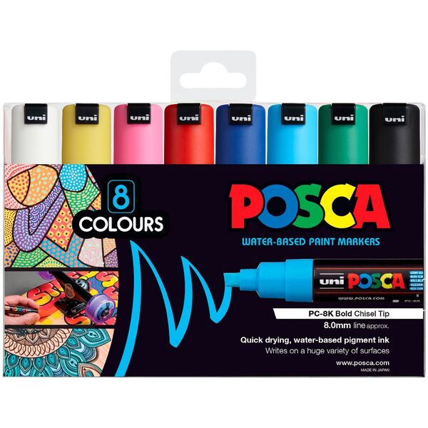 Pack of 8 x Black POSCA Markers with 8 x Different Tips