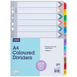 Officeworks Paper Section J.Burrows A4 January-December Tab Dividers Paper 12 Pack | Officeworks