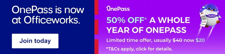 OnePass is now at Officeworks. Join OnePass. 50% off^ a whole year of OnePass.
