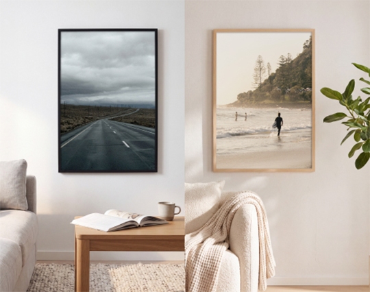 Two different rooms side by side, with custom framed art on the walls.